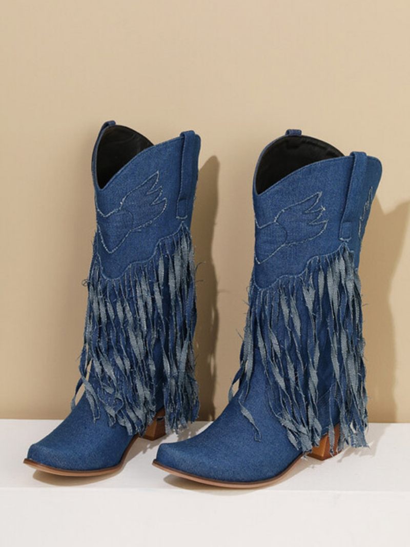 Bottes Mi-mollet Pour Femmes Toile À Bout Pointu Et Talons Épais - Bleu Profond