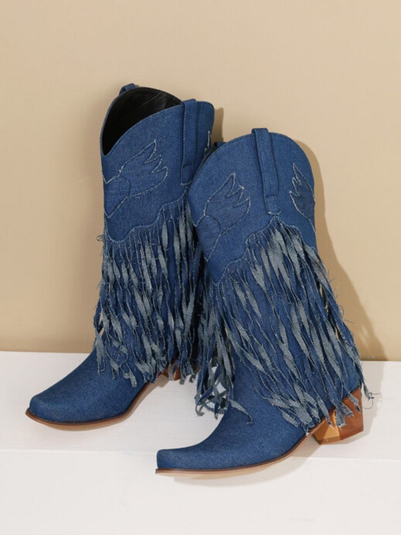 Bottes Mi-mollet Pour Femmes Toile À Bout Pointu Et Talons Épais - Bleu Profond