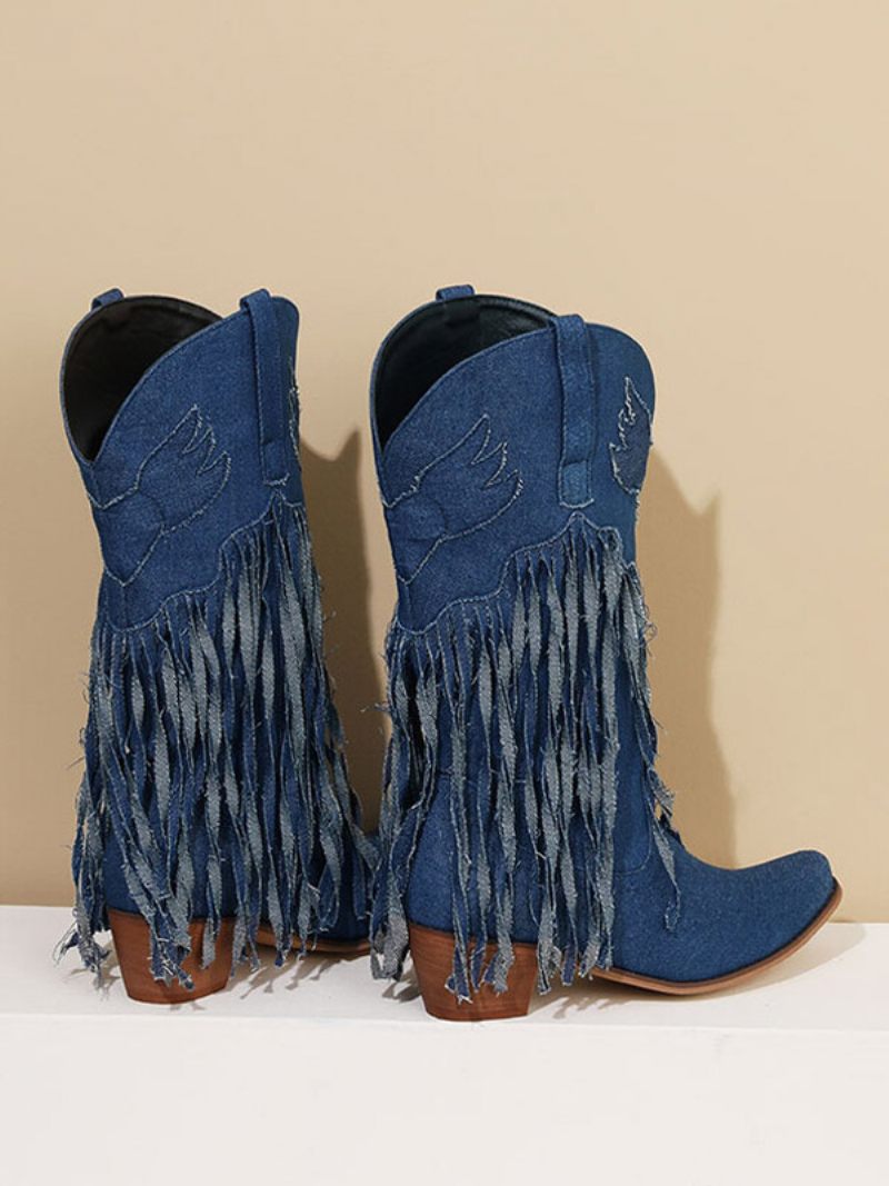 Bottes Mi-mollet Pour Femmes Toile À Bout Pointu Et Talons Épais - Bleu Profond