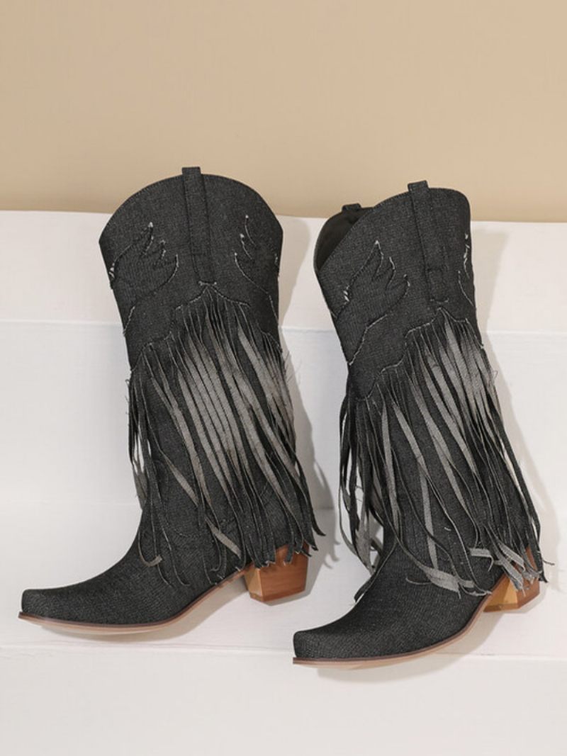 Bottes Mi-mollet Pour Femmes Toile À Bout Pointu Et Talons Épais - Noir