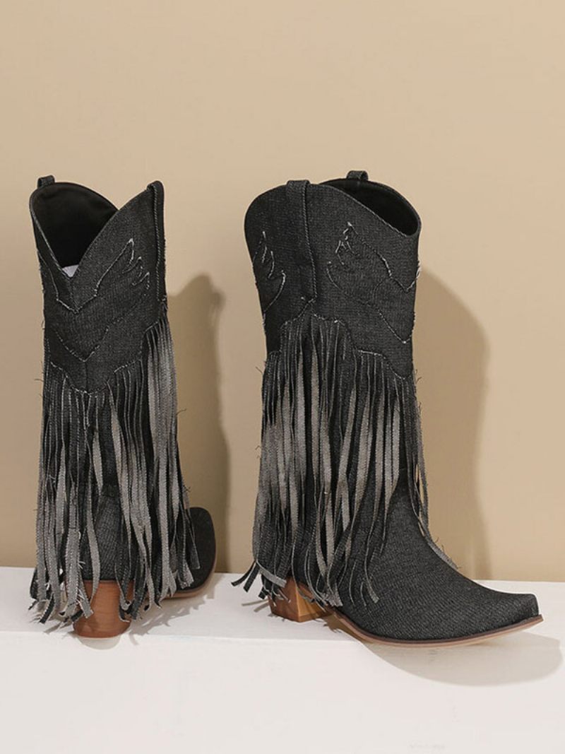 Bottes Mi-mollet Pour Femmes Toile À Bout Pointu Et Talons Épais - Noir