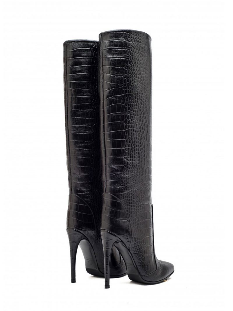 Bottes Mi-mollet Larges Pour Femmes Hautes Cuir Pu À Talon Aiguille - Noir