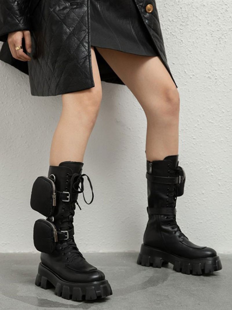 Bottes Mi-mollet Noires À Bout Rond Et Poche Latérale Pour Femmes - Noir