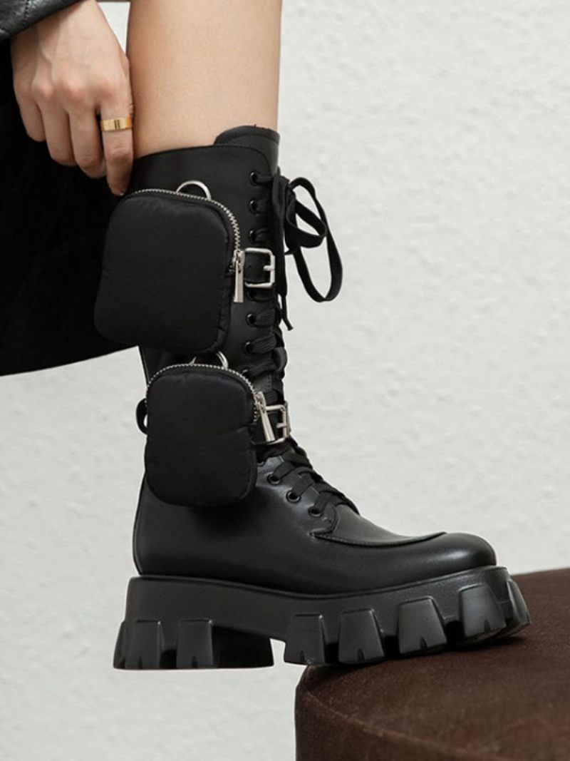 Bottes Mi-mollet Noires À Bout Rond Et Poche Latérale Pour Femmes - Noir