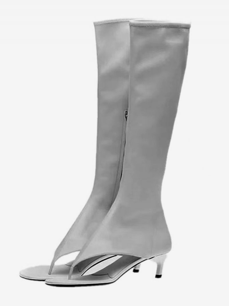 Bottes Mi-mollet Noires Pour Femmes Sandales À Bout Ouvert Tongs Talon Chaton - Gris Foncé