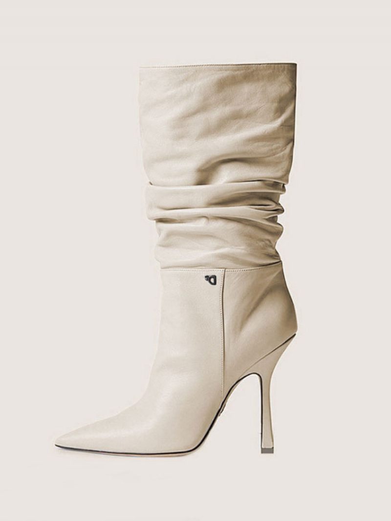 Bottes Mi-mollet Souples À Talon Aiguille Pour Femmes Cuir Blond Brillant - Beige