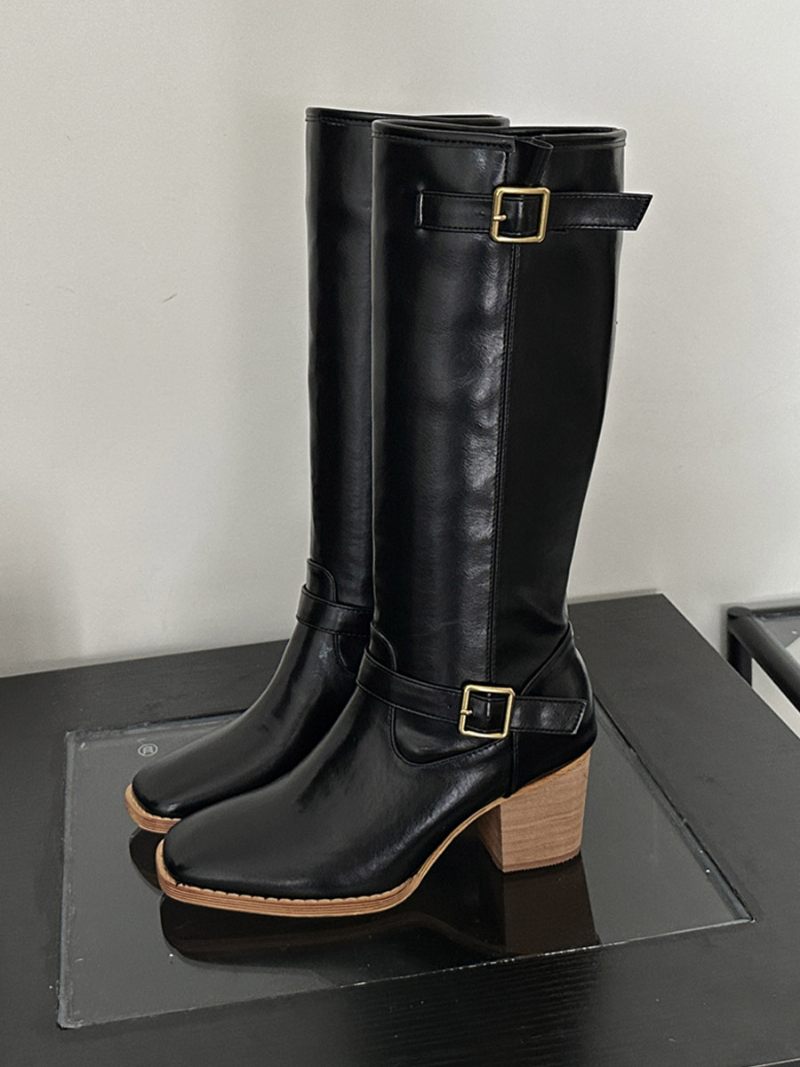 Bottes Mi-mollet À Talon Épais Avec Boucle Cuir Pu Pour Femmes