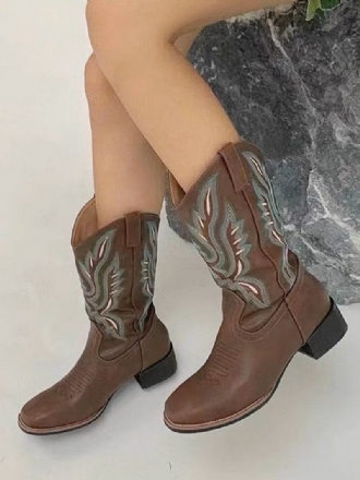 Bottes Mi-mollet À Talon Épais Et Bout Pointu Cuir Pu Pour Femmes