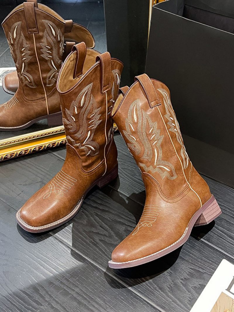 Bottes Mi-mollet À Talon Épais Et Bout Pointu Cuir Pu Pour Femmes - Marron Clair