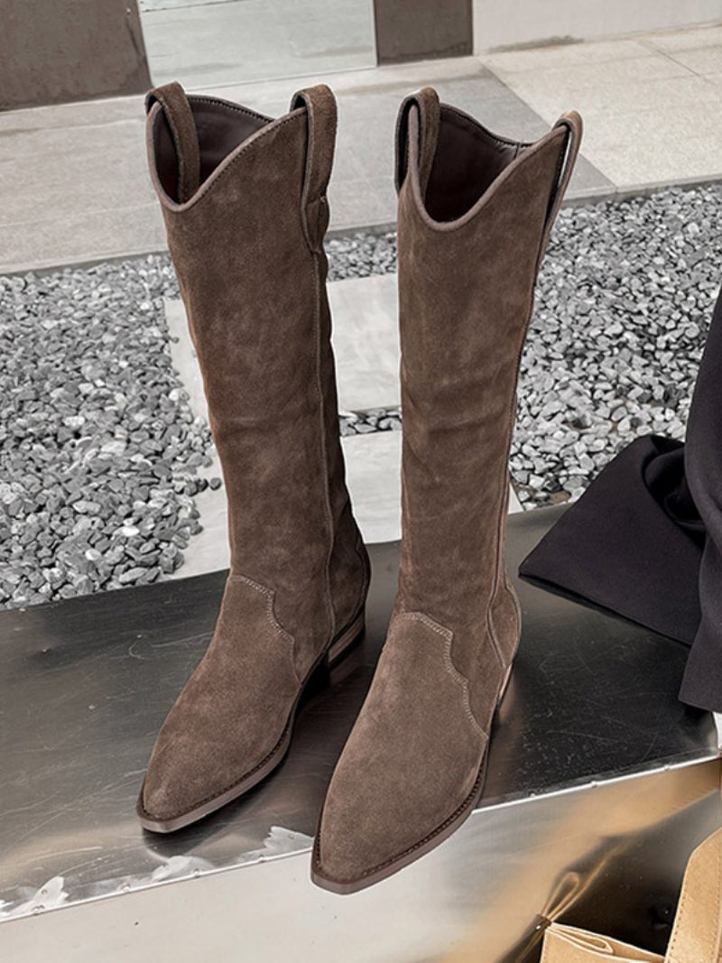 Bottes Mi-mollet À Talon Épais Et Bout Pointu Micro-suède Pour Femmes - Marron Foncé