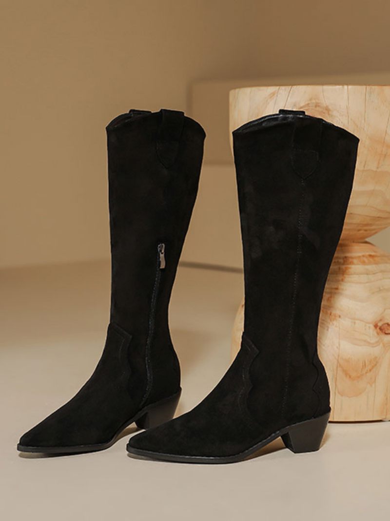 Bottes Mi-mollet À Talon Épais Et Bout Pointu Micro-suède Pour Femmes - Noir