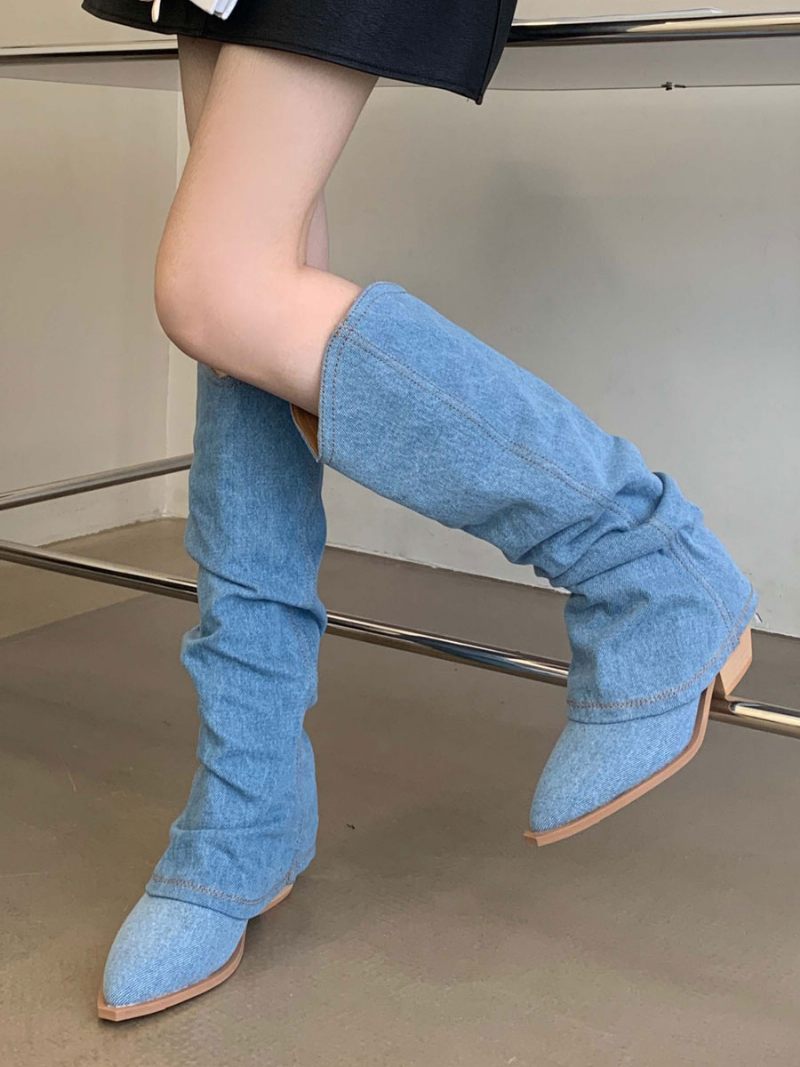 Bottes Mi-mollet À Talon Épais Et Bout Pointu Polyester Pour Femmes - Bleu Ciel Clair