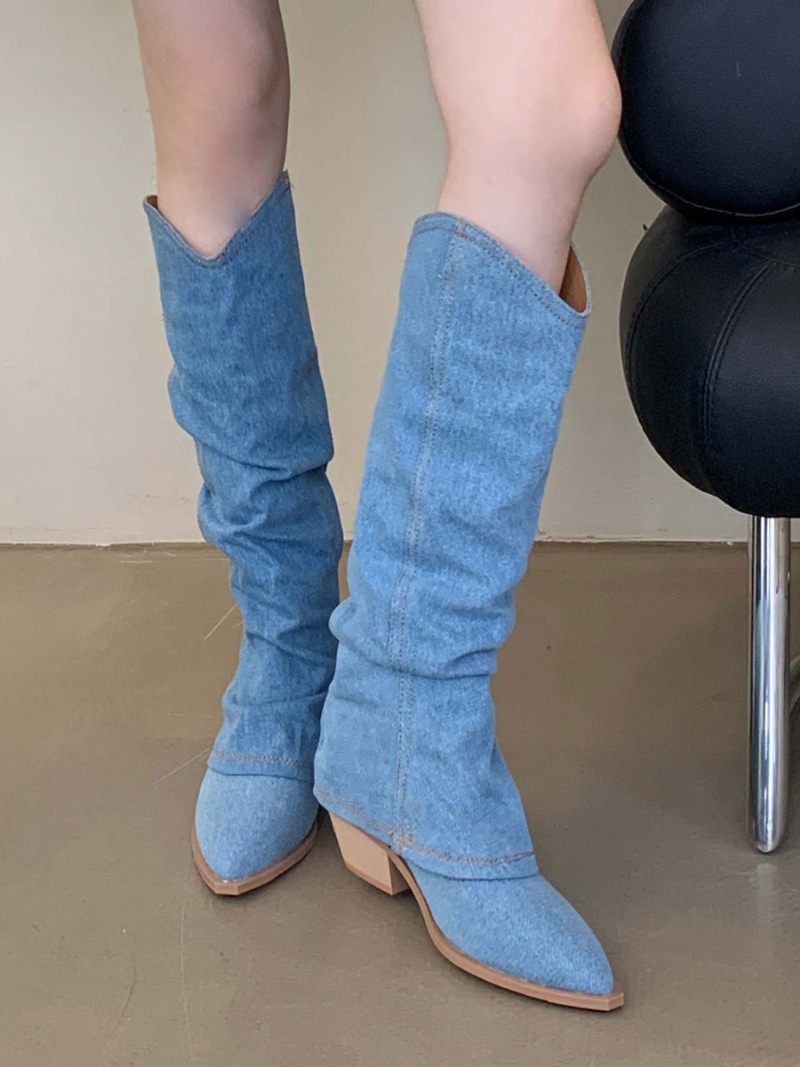 Bottes Mi-mollet À Talon Épais Et Bout Pointu Polyester Pour Femmes - Bleu Ciel Clair