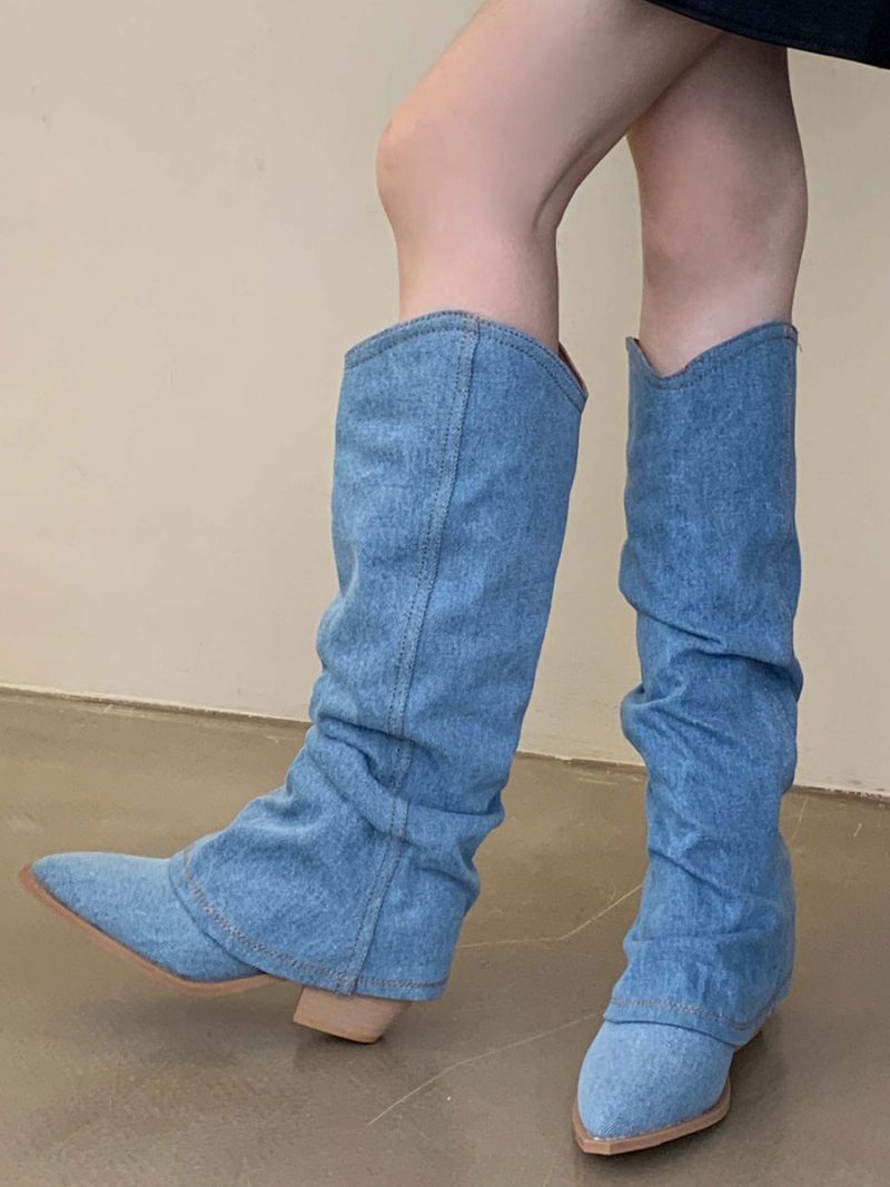 Bottes Mi-mollet À Talon Épais Et Bout Pointu Polyester Pour Femmes - Bleu Ciel Clair