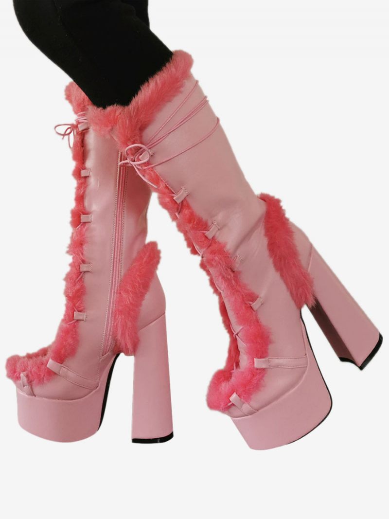 Bottes Mi-mollet À Talon Épais Et Bout Rond Cuir Pu Pour Femmes - Rose