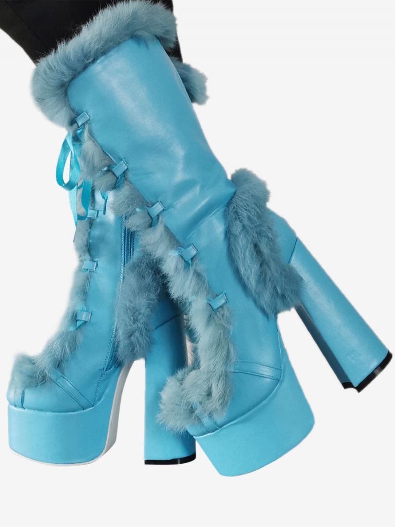 Bottes Mi-mollet À Talon Épais Et Bout Rond Cuir Pu Pour Femmes - Bleu Cyan