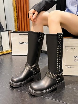 Bottes Mi-mollet À Talon Épais Et Bout Rond Cuir Pu Pour Femmes