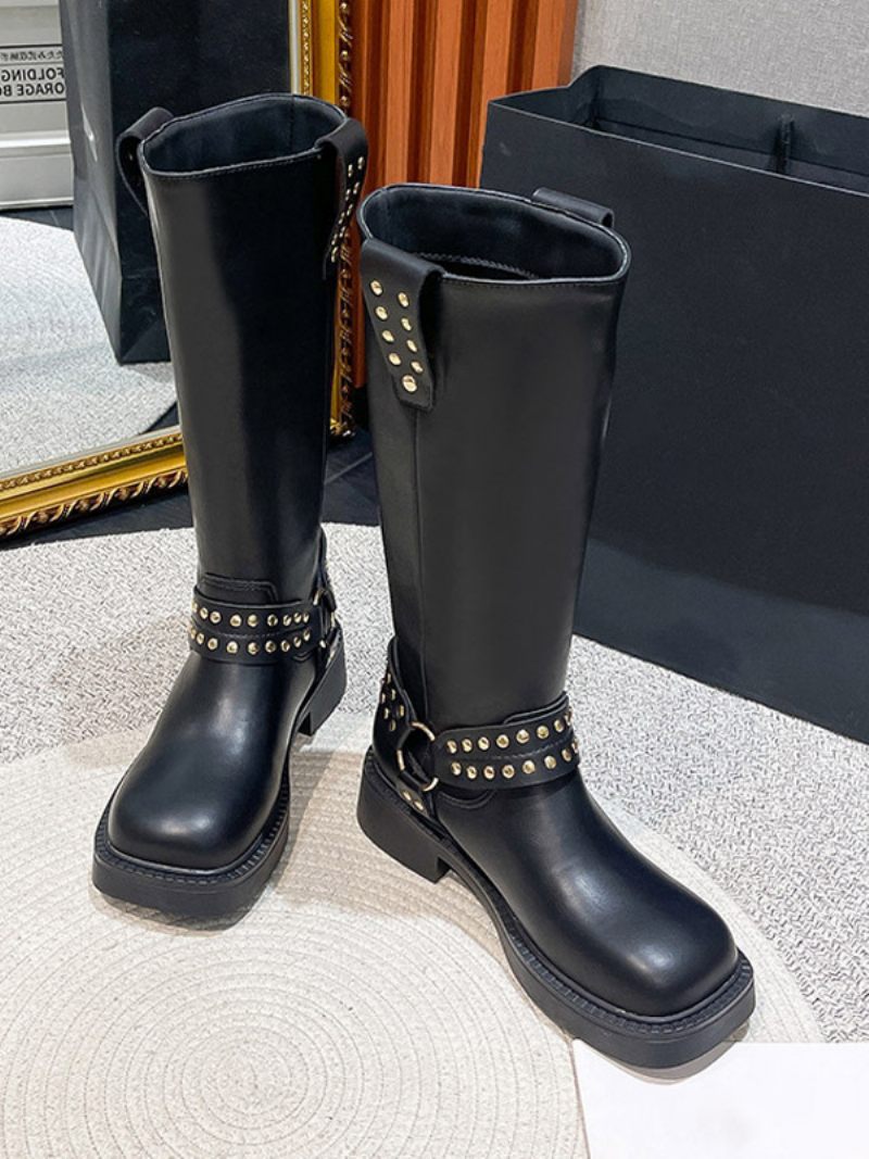 Bottes Mi-mollet À Talon Épais Et Bout Rond Cuir Pu Pour Femmes - Noir