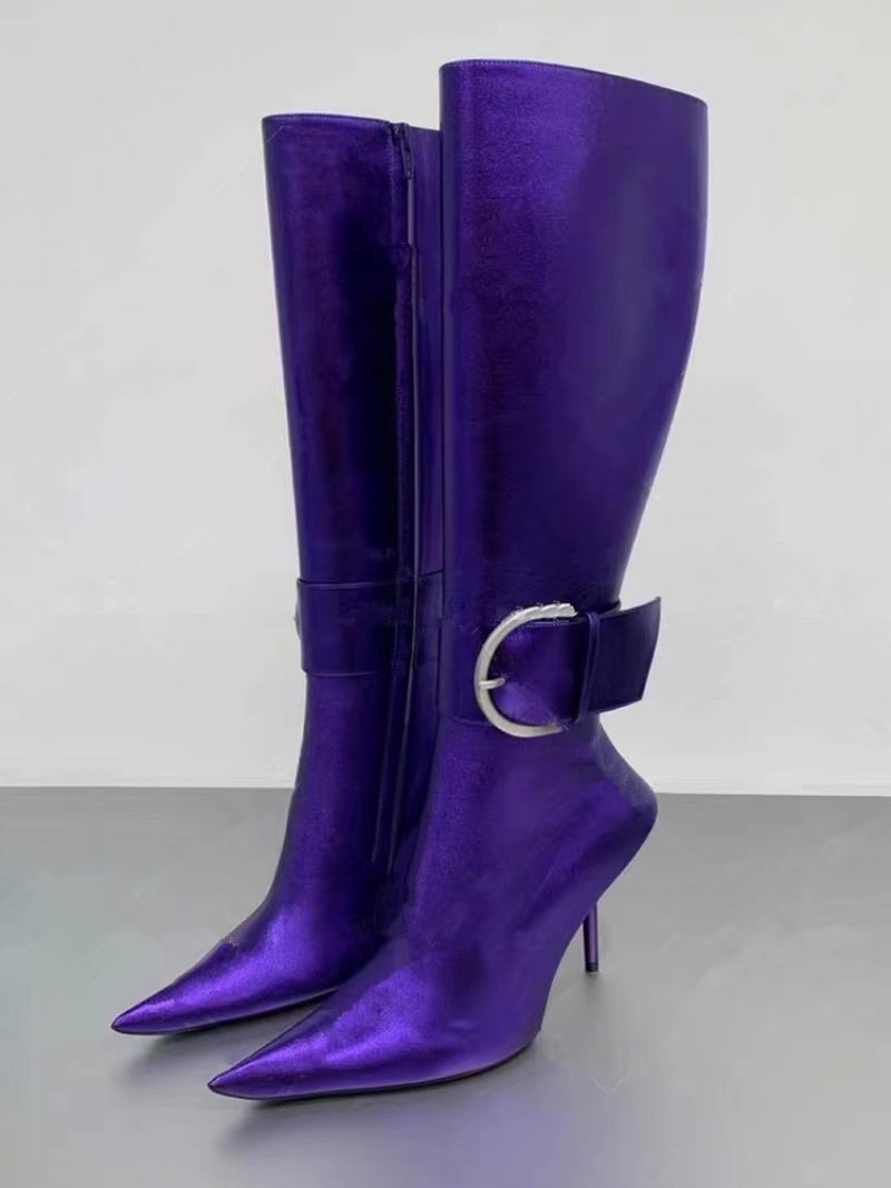 Bottes Mollet Douces Métalliques Pour Femmes À Talons Aiguilles Bout Pointu Avec Boucle Violette - Violet Royal