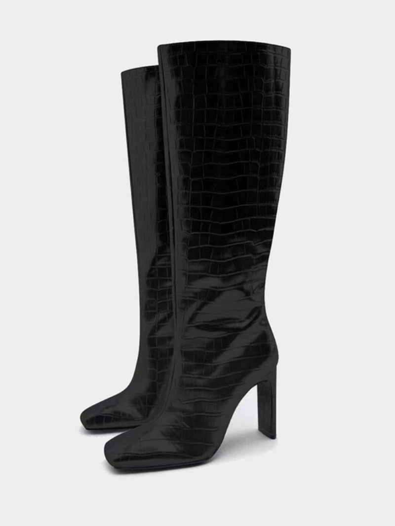 Bottes Mollet Larges Dorées Pour Femmes Bout Carré Talon Aiguille Hautes - Noir