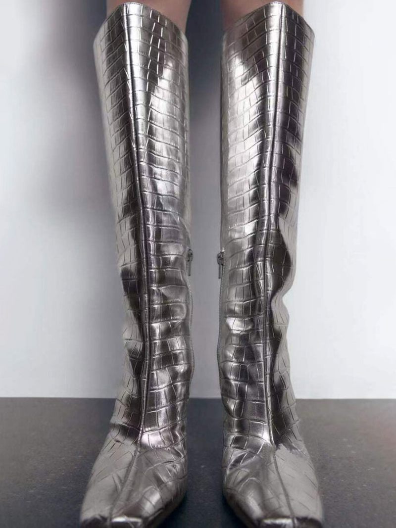 Bottes Mollet Larges Dorées Pour Femmes Bout Carré Talon Aiguille Hautes - Argent