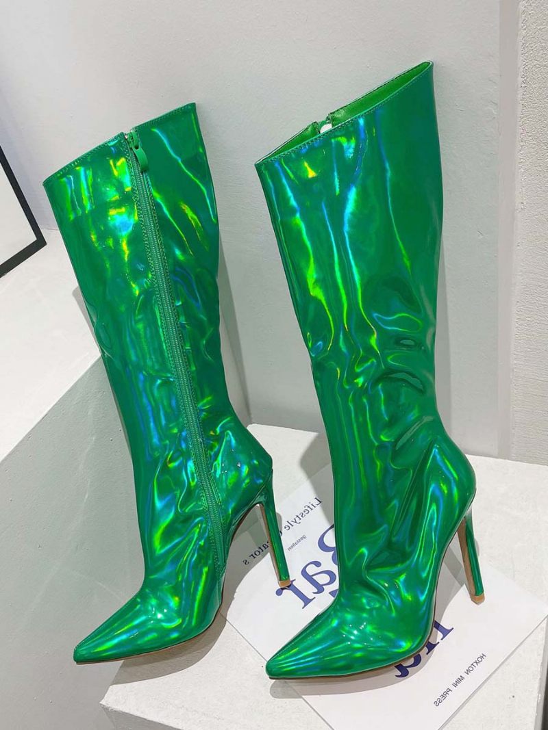 Bottes À Mollet Larges Pour Femmes Hautes Chics Bout Pointu Et Talons - Vert