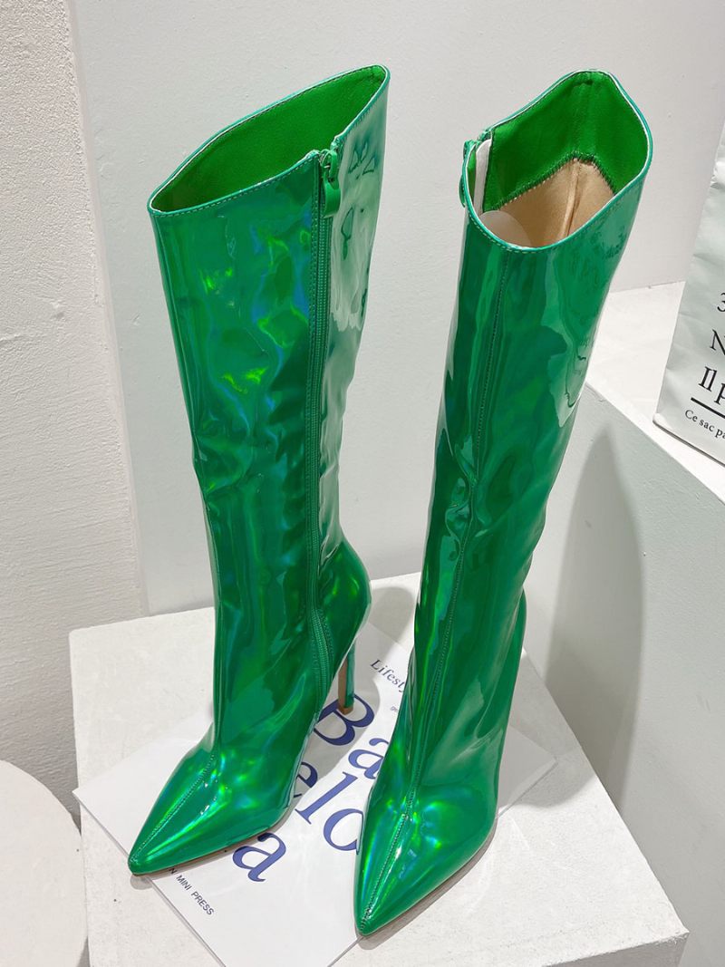 Bottes À Mollet Larges Pour Femmes Hautes Chics Bout Pointu Et Talons - Vert