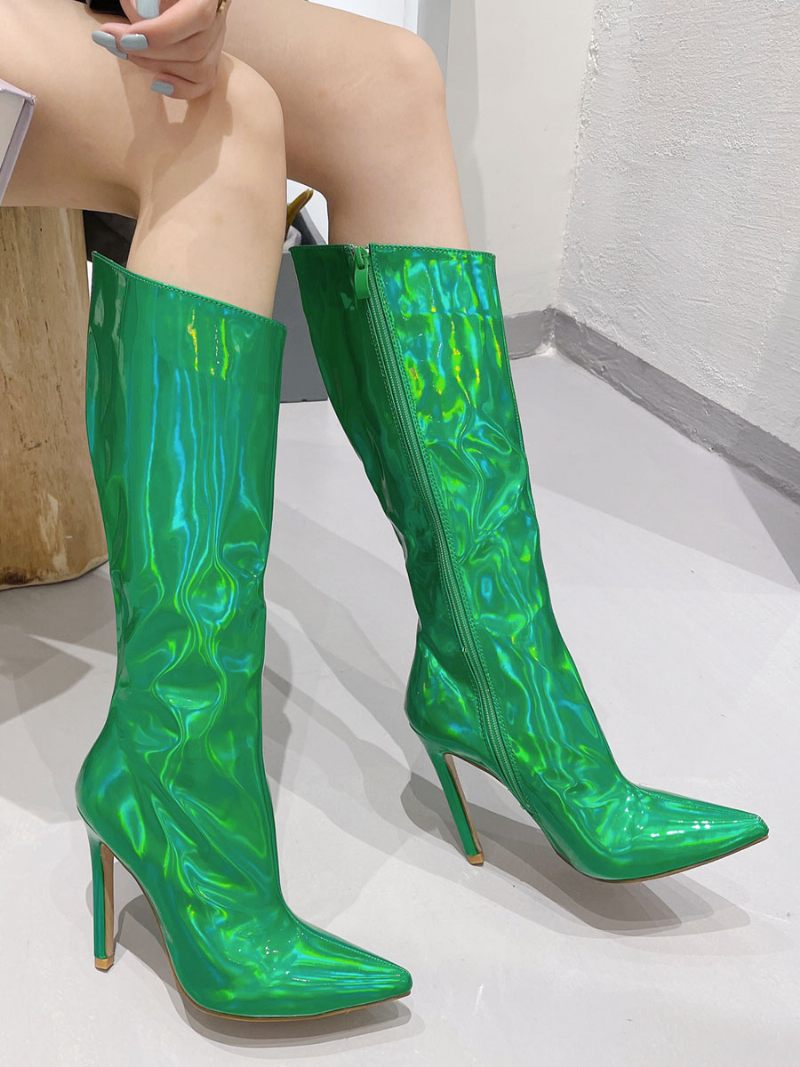 Bottes À Mollet Larges Pour Femmes Hautes Chics Bout Pointu Et Talons - Vert