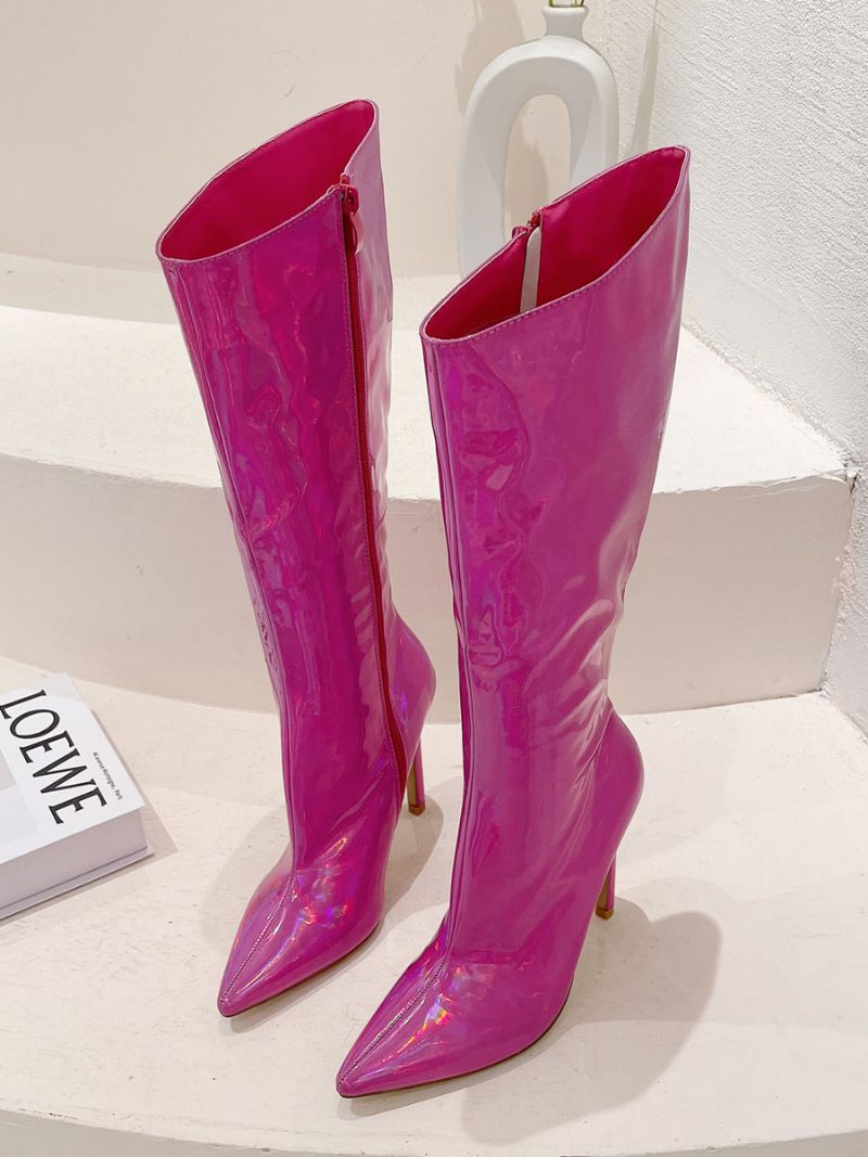 Bottes À Mollet Larges Pour Femmes Hautes Chics Bout Pointu Et Talons - Rose