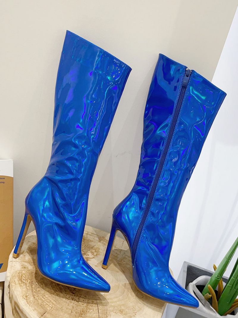 Bottes À Mollet Larges Pour Femmes Hautes Chics Bout Pointu Et Talons - Bleu