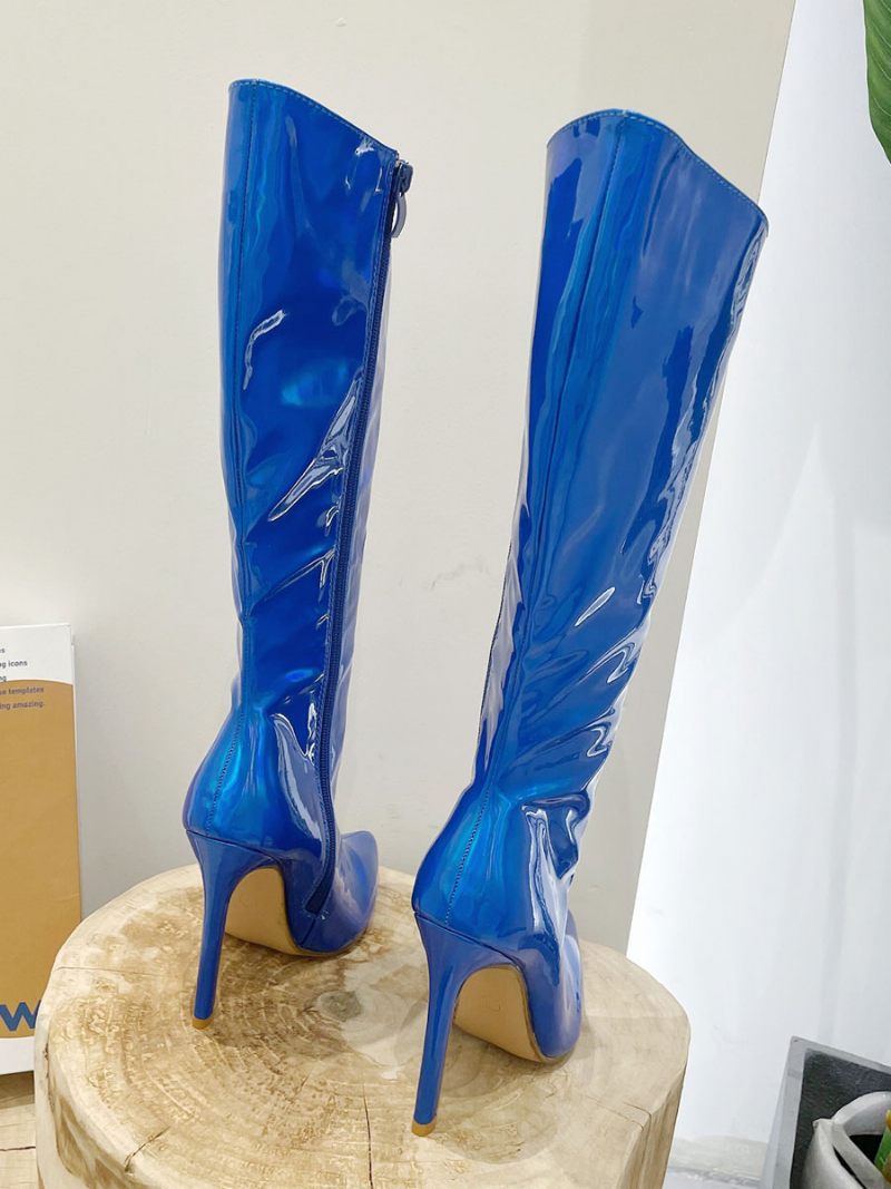 Bottes À Mollet Larges Pour Femmes Hautes Chics Bout Pointu Et Talons - Bleu