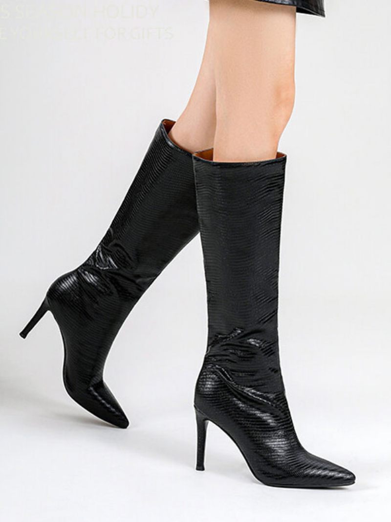 Bottes Mollet Larges Pour Femmes Talon Aiguille Au Genou - Noir