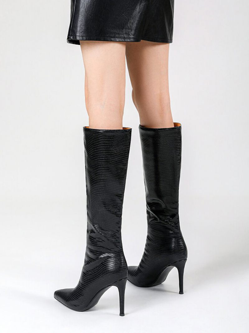 Bottes Mollet Larges Pour Femmes Talon Aiguille Au Genou - Noir