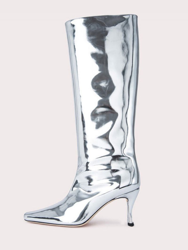 Bottes Mollet Larges À Talon Aiguille Et Bout Pointu Doré Pour Femmes - Argent