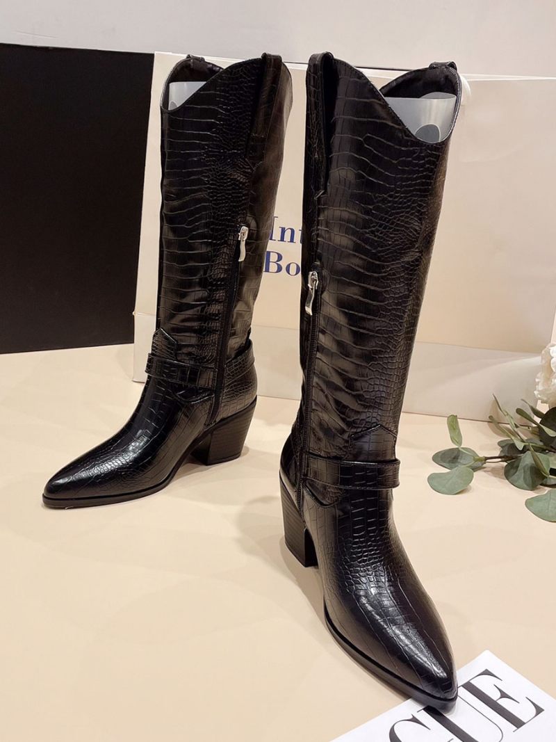 Bottes Montantes Rétro À Talons Épais Pour Femmes Occidentales - Noir