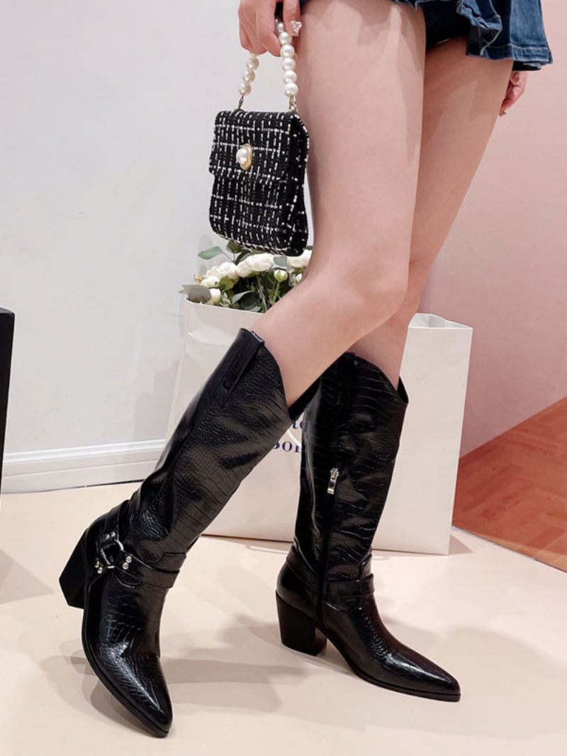 Bottes Montantes Rétro À Talons Épais Pour Femmes Occidentales - Noir