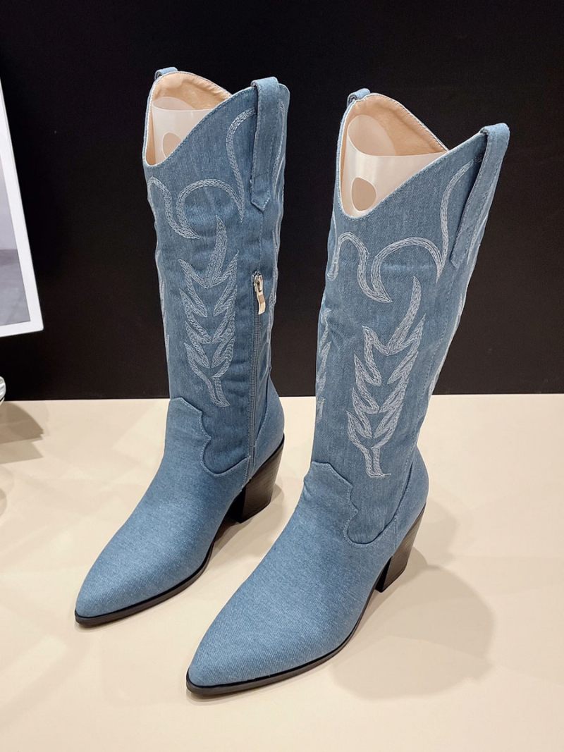 Bottes Montantes À Talons Épais Pour Femmes Occidentales - Bleu Ciel Clair