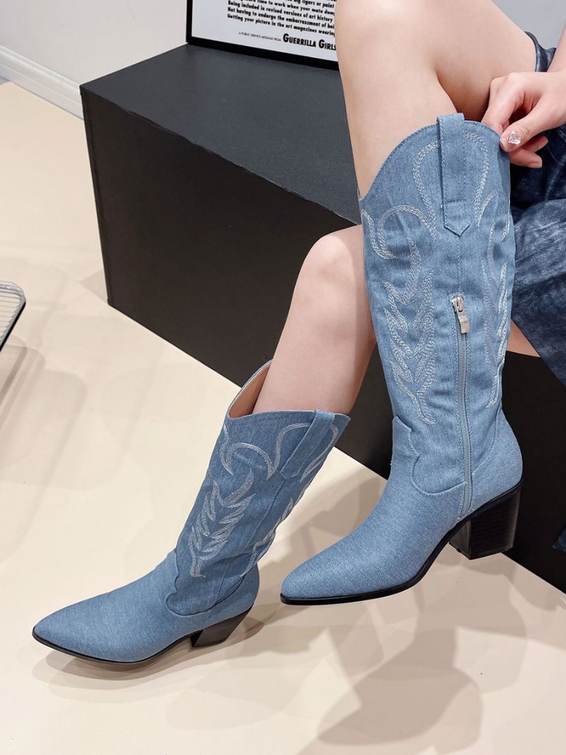 Bottes Montantes À Talons Épais Pour Femmes Occidentales - Bleu Ciel Clair