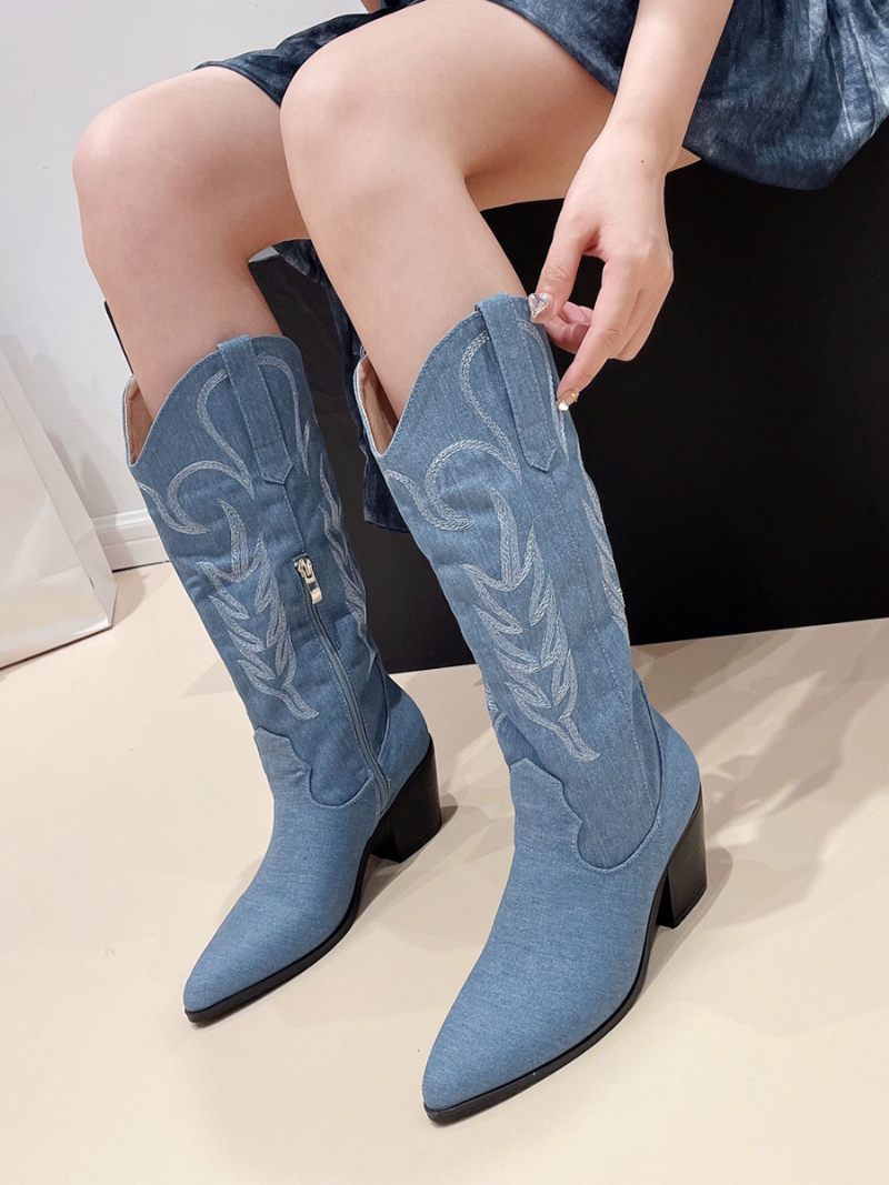 Bottes Montantes À Talons Épais Pour Femmes Occidentales - Bleu Ciel Clair