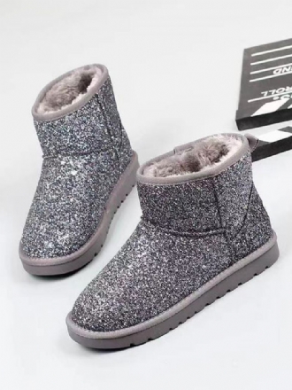 Bottes Neige Argentées Pour Femmes D'hiver Courtes Peluche À Bout Rond Et Paillettes