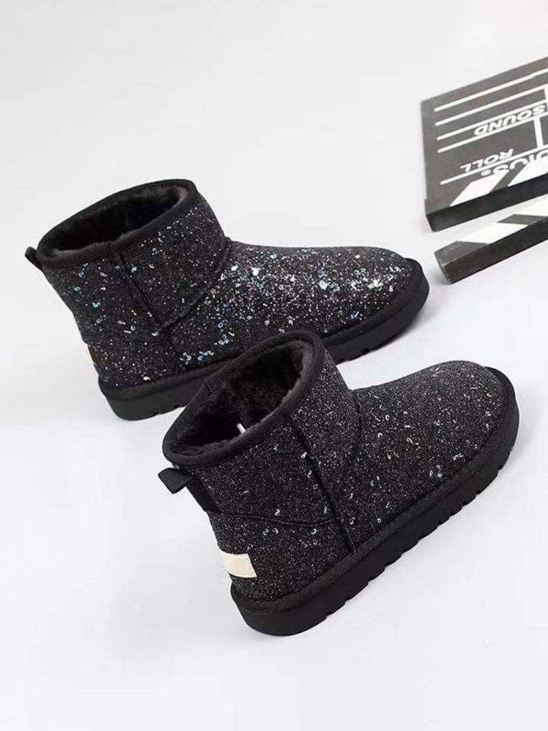 Bottes Neige Argentées Pour Femmes D'hiver Courtes Peluche À Bout Rond Et Paillettes - Noir