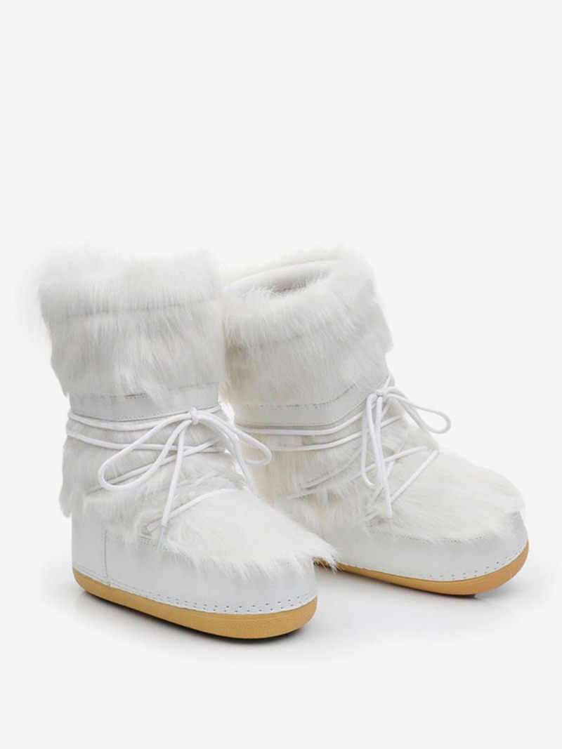 Bottes Neige Pour Femmes Bout Rond Détails Fausse Fourrure D'hiver À Lacets - Blanc Chaud