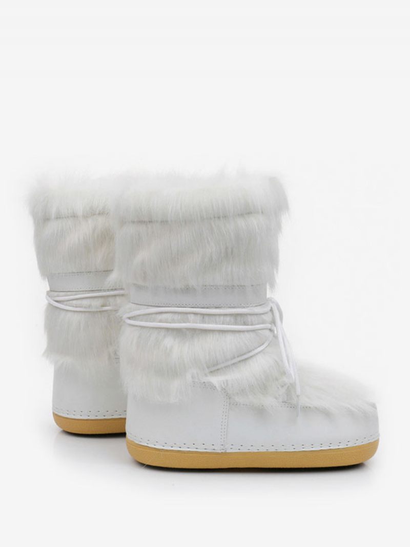 Bottes Neige Pour Femmes Bout Rond Détails Fausse Fourrure D'hiver À Lacets - Blanc Chaud