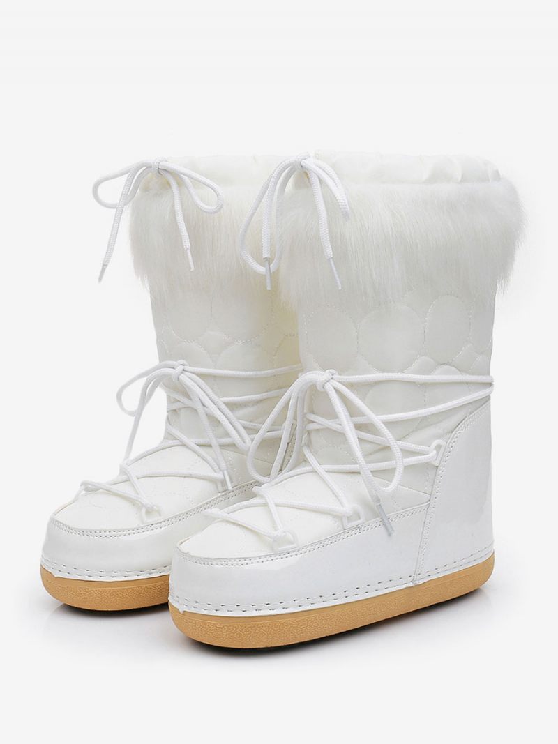 Bottes Neige Pour Femmes Bout Rond Détails Fausse Fourrure D'hiver À Lacets - Blanc