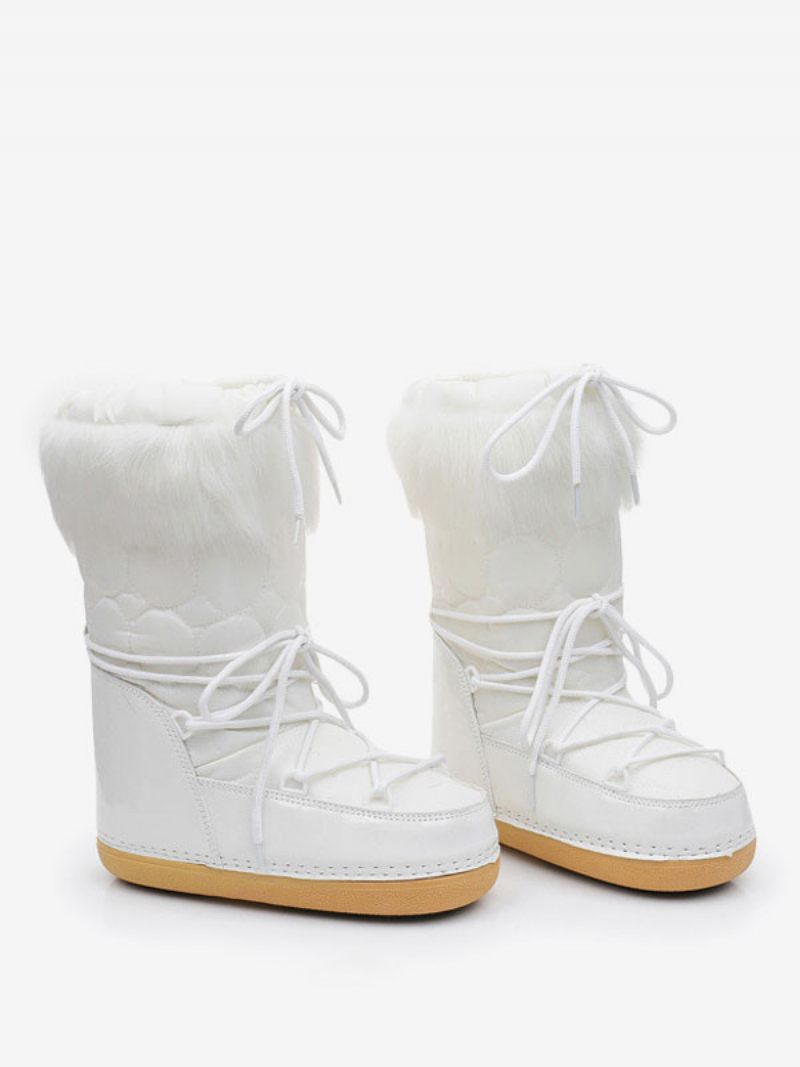 Bottes Neige Pour Femmes Bout Rond Détails Fausse Fourrure D'hiver À Lacets - Blanc