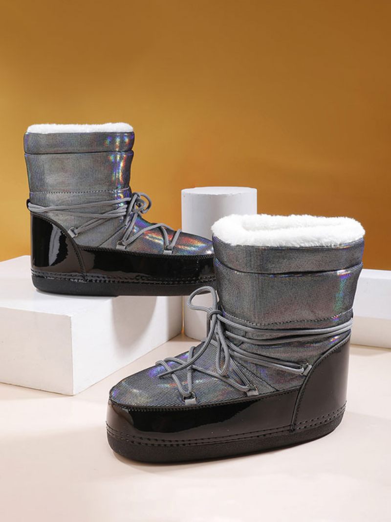 Bottes Neige Grises Pour Femmes Bottines À Lacets Bout Rond - Argent