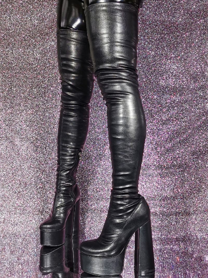 Bottes Noires Au Dessus Du Genou Pour Femmes Bout Rond Plateforme Talons Hauts Cuissardes Sexy - Noir