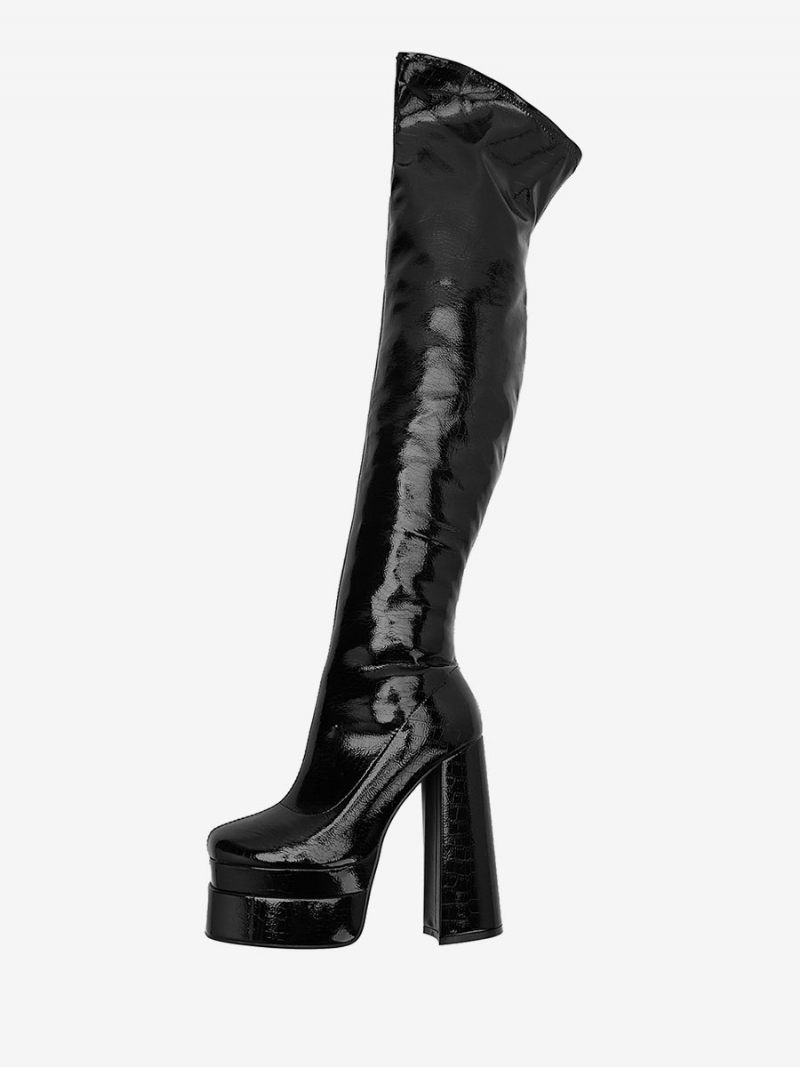 Bottes Noires Au Dessus Du Genou Pour Femmes Cuissardes À Plateforme Et Talons Épais