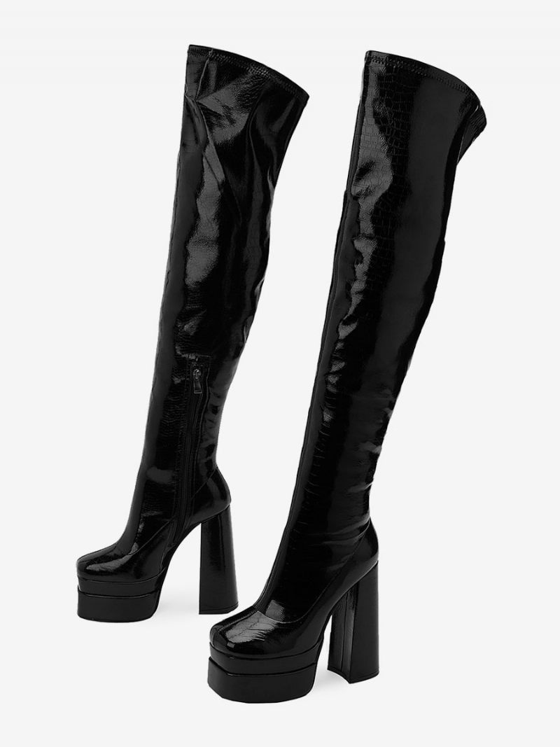 Bottes Noires Au Dessus Du Genou Pour Femmes Cuissardes À Plateforme Et Talons Épais - Noir