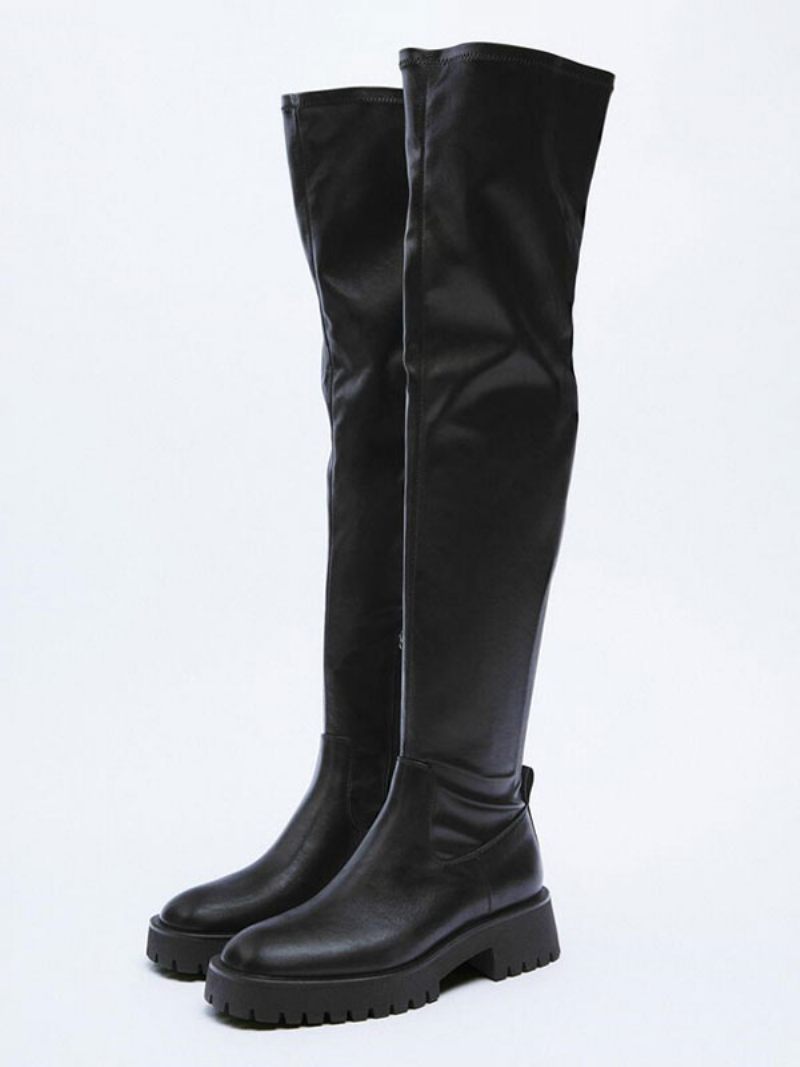 Bottes Noires Pour Femmes Cuir Pu Plates Au Dessus Du Genou